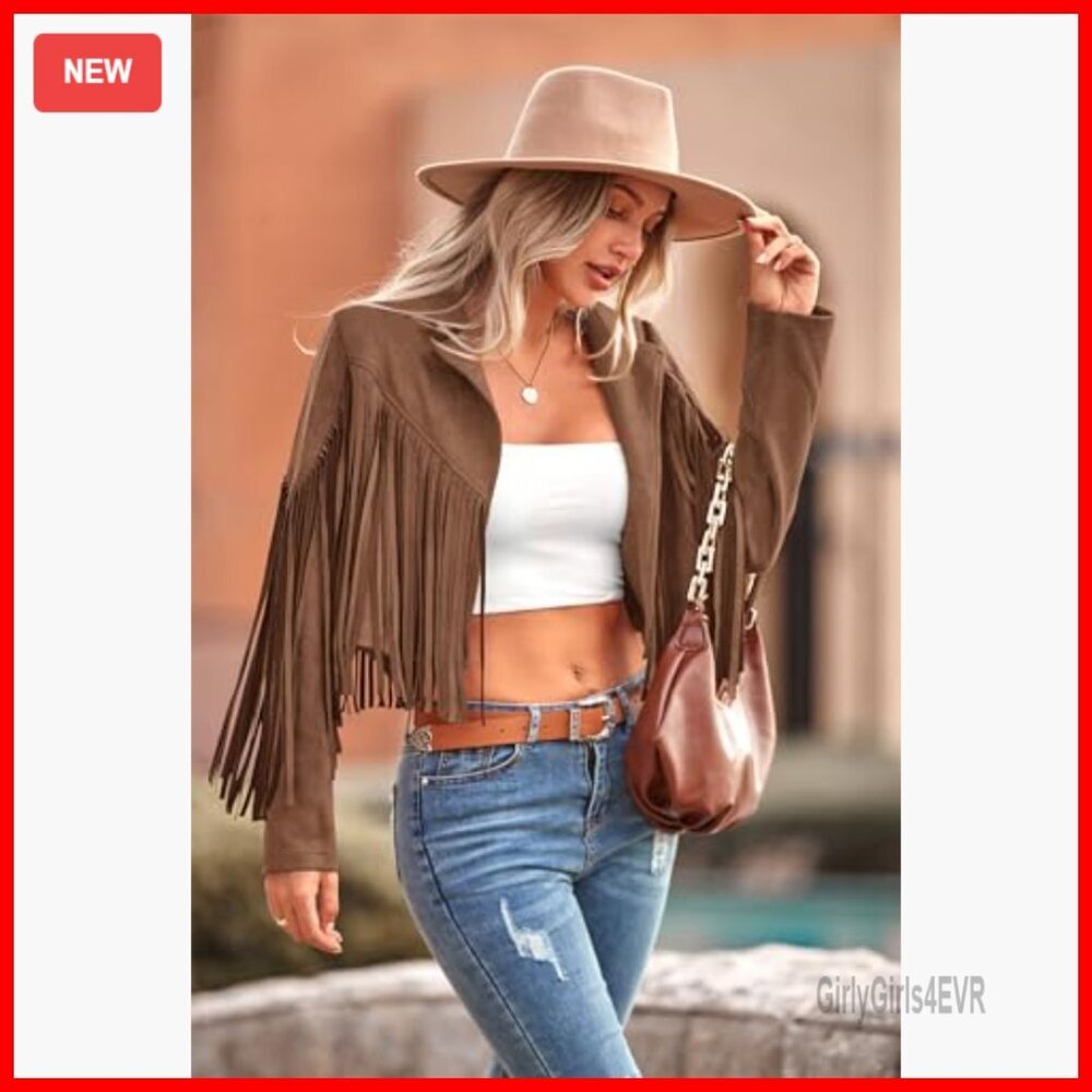 Faux Suede Cropped Motorcycle Jacket with Fringe Tassel Design - Picture 4 of 7